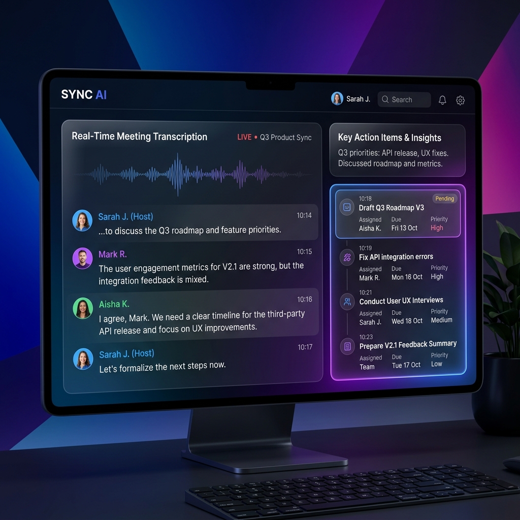 AI meeting assistant generating a meeting summary and action items.